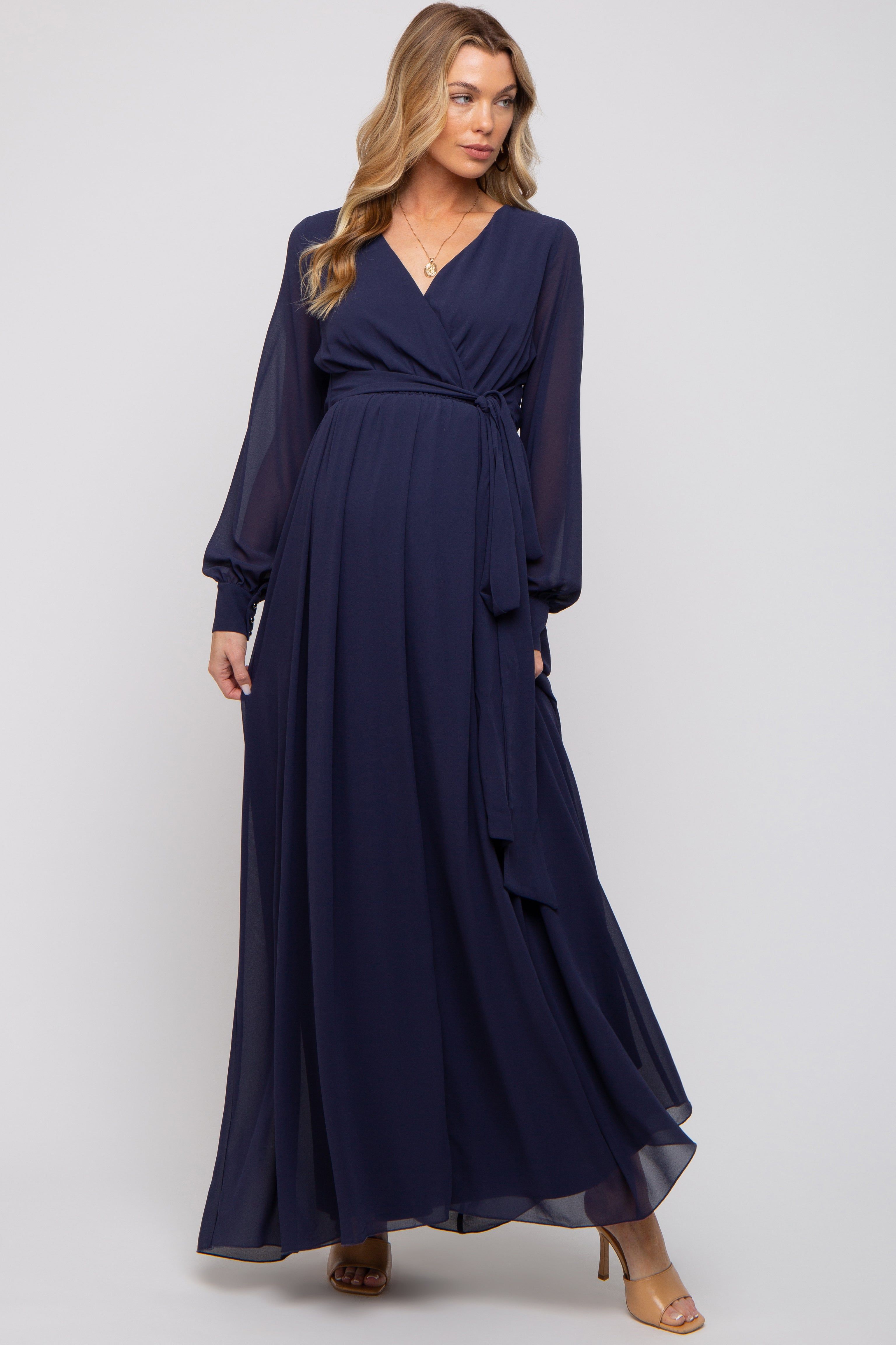 Navy Blue Chiffon Wrap Maternity Gown sold by Pinkblush product image thumbnail 3