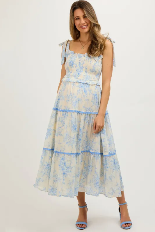 Light Blue Floral Sleeveless Ruffle Tiered Maternity Midi Dress sold by Pinkblush