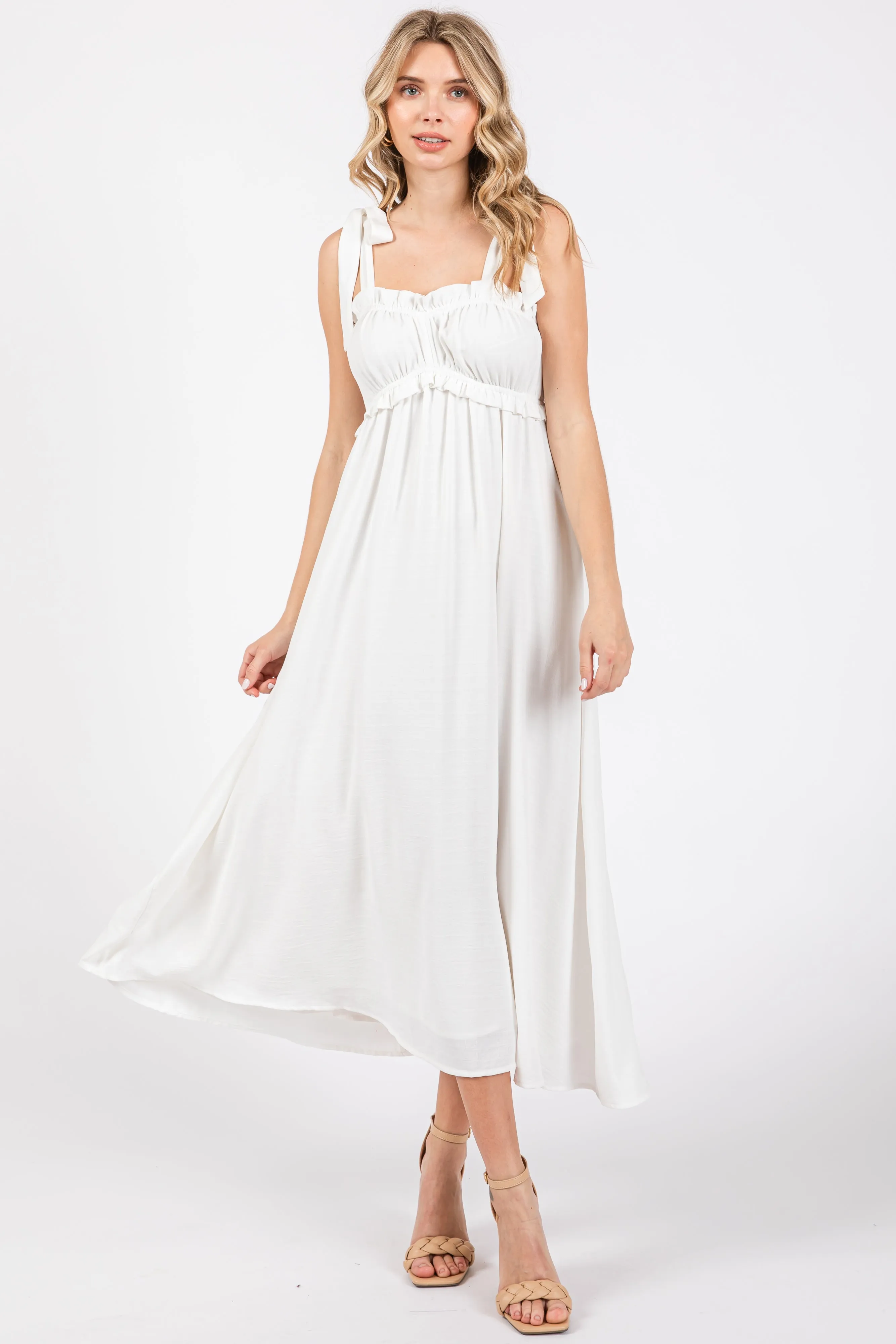 White Ruffle Accent Shoulder Tie Midi Dress sold by Pinkblush product image thumbnail 2
