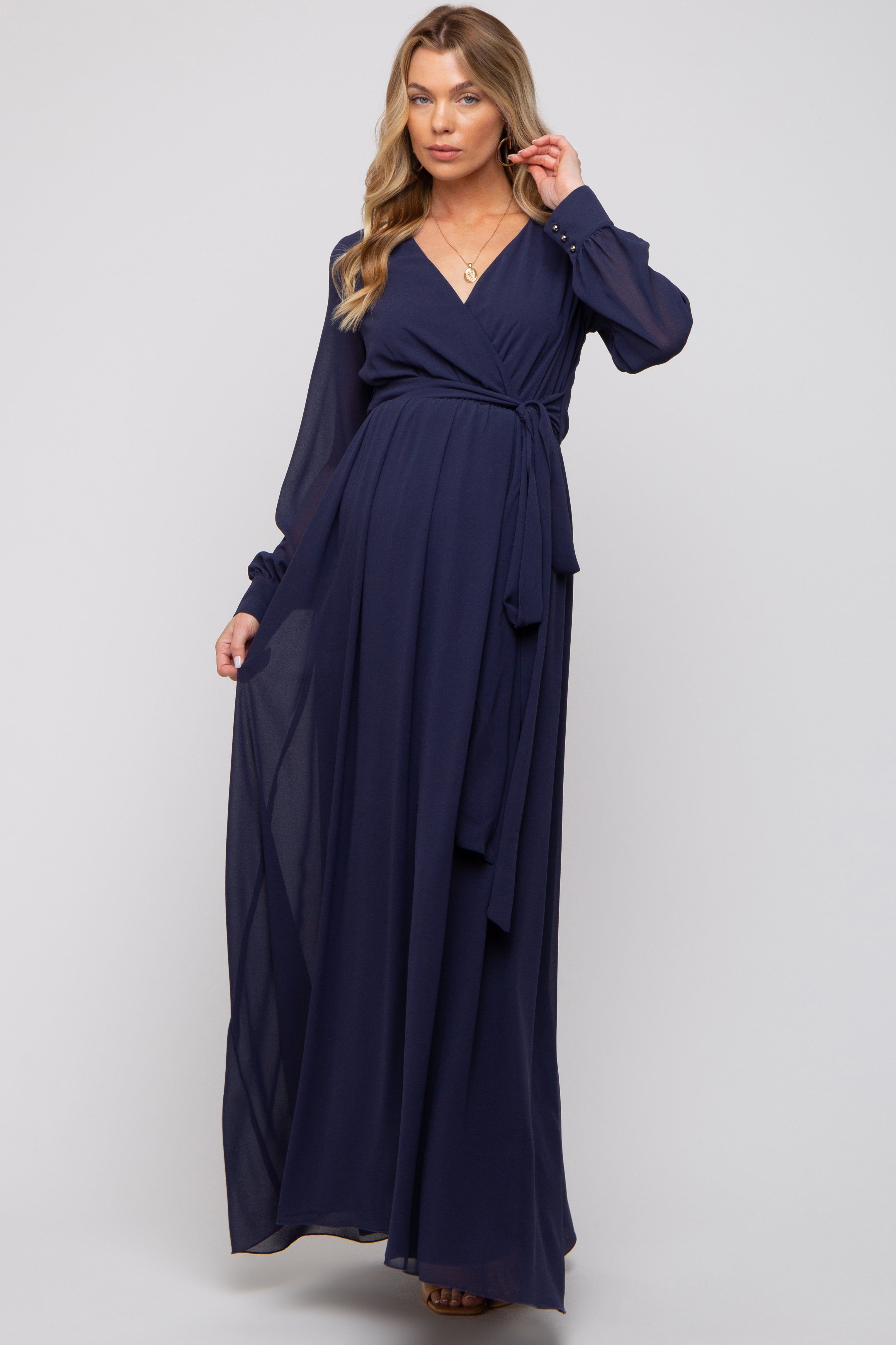 Navy Blue Chiffon Wrap Maternity Gown sold by Pinkblush product image thumbnail 4