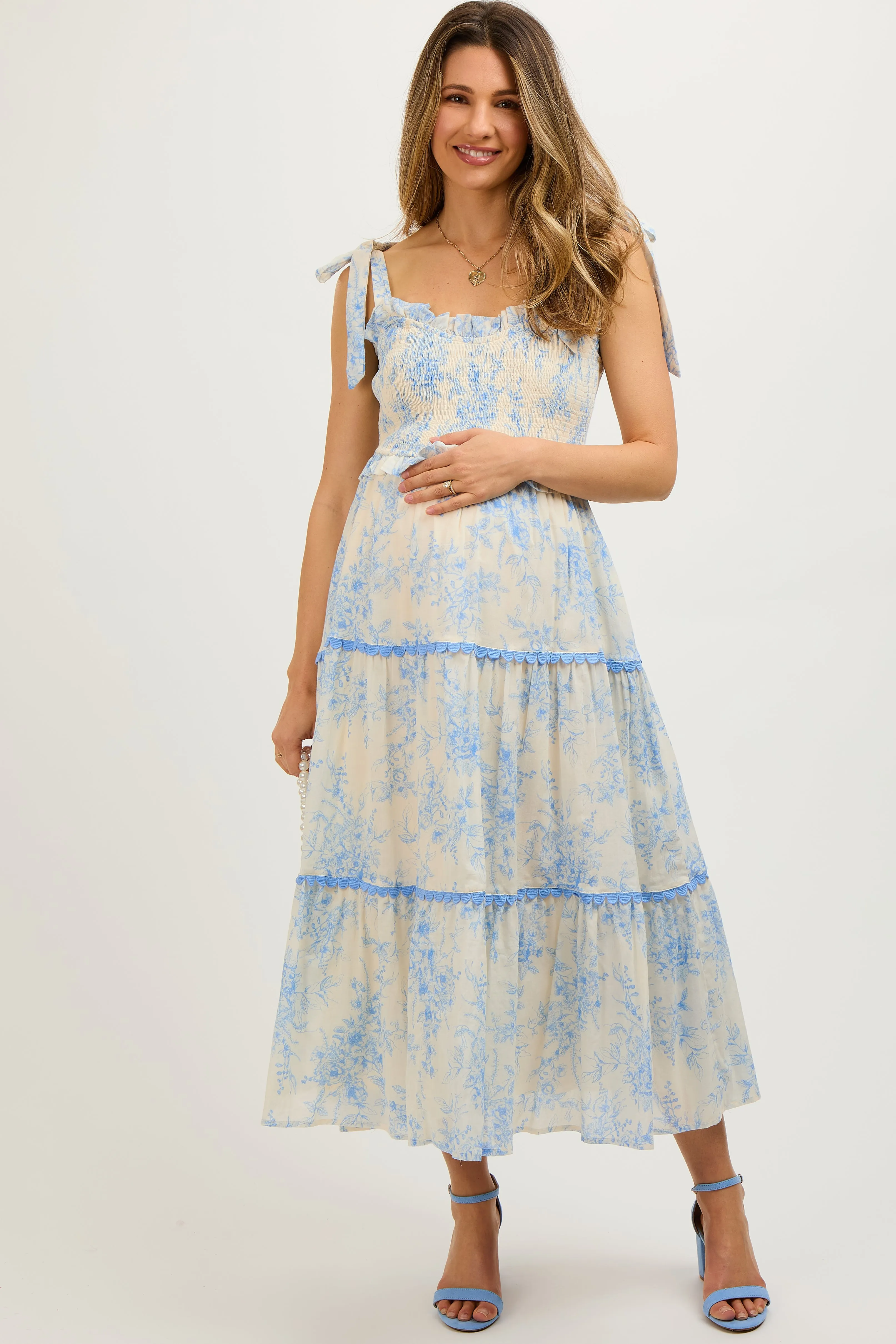 Light Blue Floral Sleeveless Ruffle Tiered Maternity Midi Dress sold by Pinkblush product image thumbnail 2