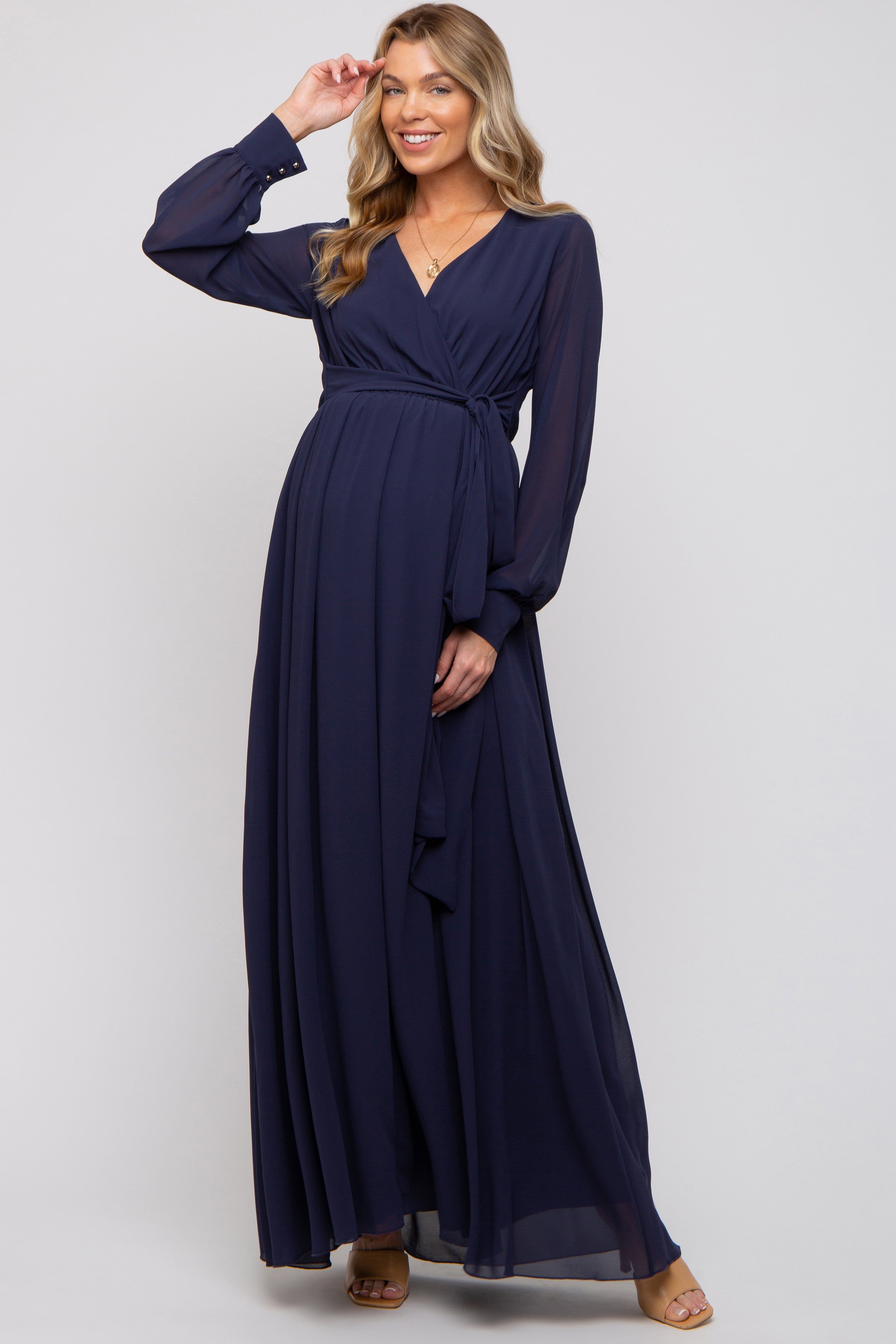 Navy Blue Chiffon Wrap Maternity Gown sold by Pinkblush