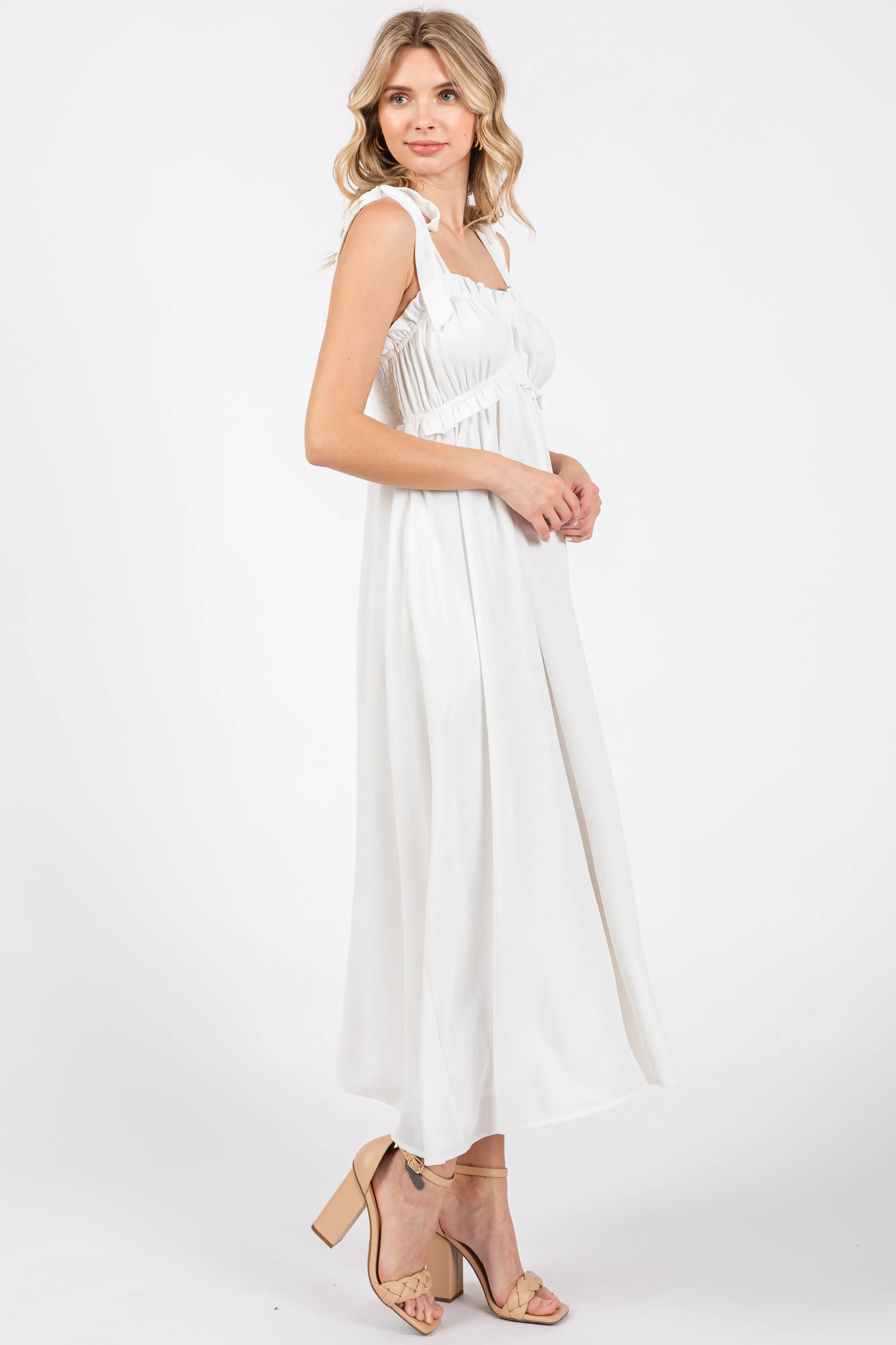 White Ruffle Accent Shoulder Tie Midi Dress sold by Pinkblush product image thumbnail 3