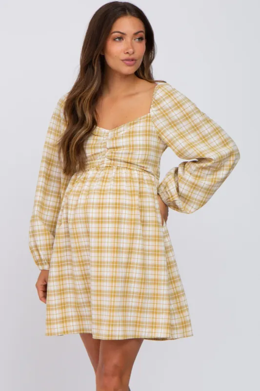 Mustard Plaid Long Sleeve Maternity Dress sold by Pinkblush