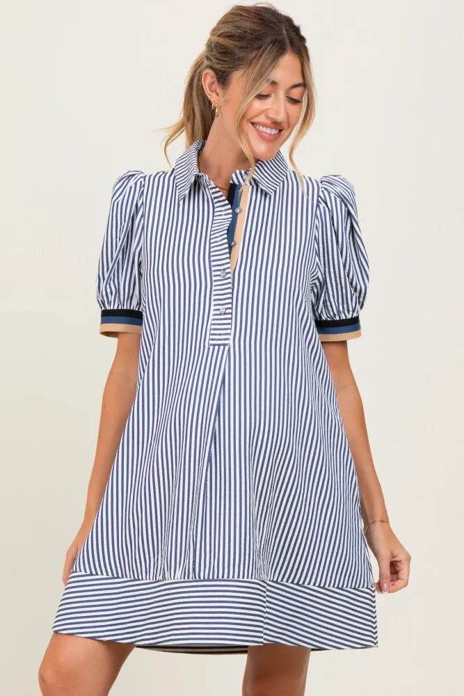 Navy Blue Striped Puff Sleeve Maternity Mini Shirt Dress sold by Pinkblush product image thumbnail 3
