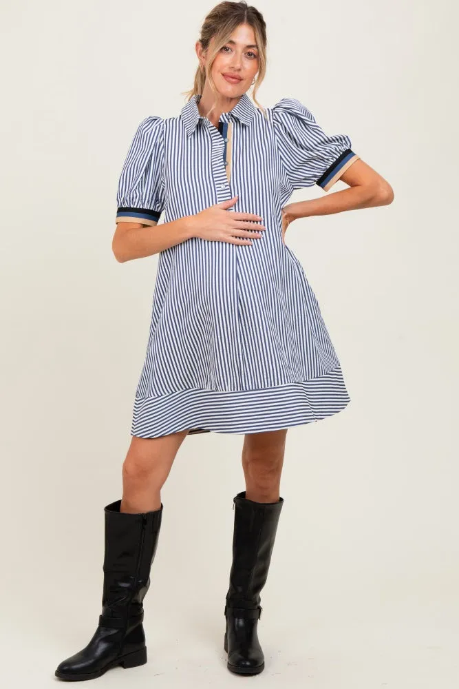 Navy Blue Striped Puff Sleeve Maternity Mini Shirt Dress sold by Pinkblush