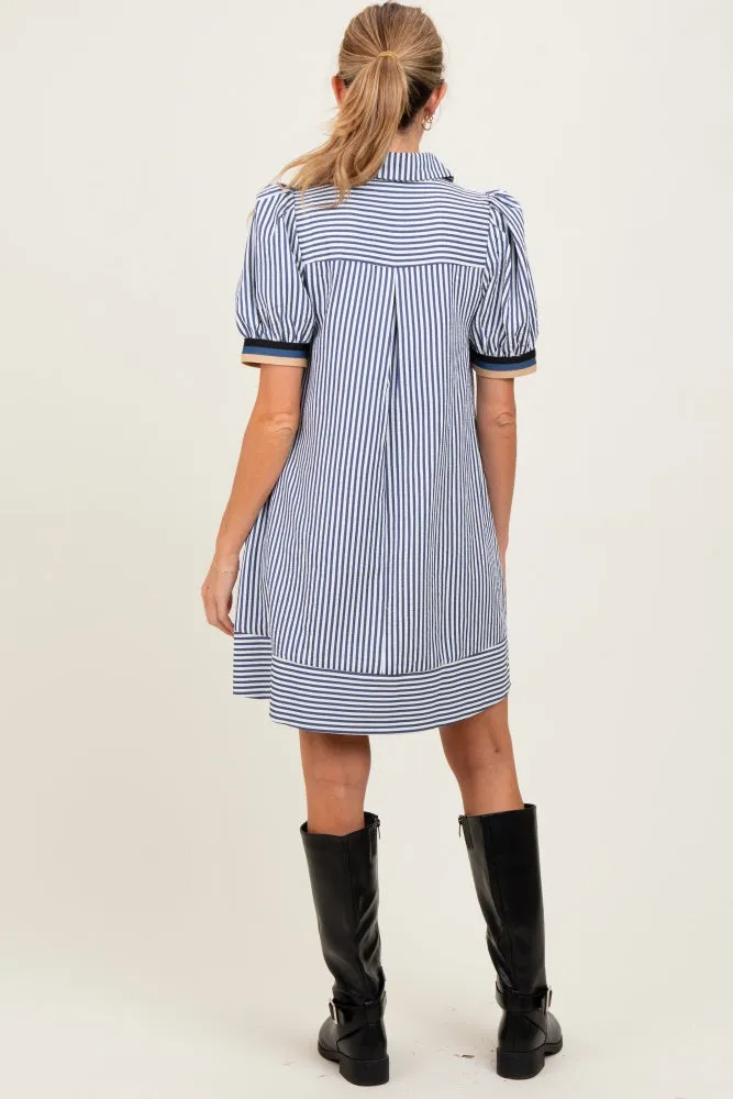 Navy Blue Striped Puff Sleeve Maternity Mini Shirt Dress sold by Pinkblush product image thumbnail 5