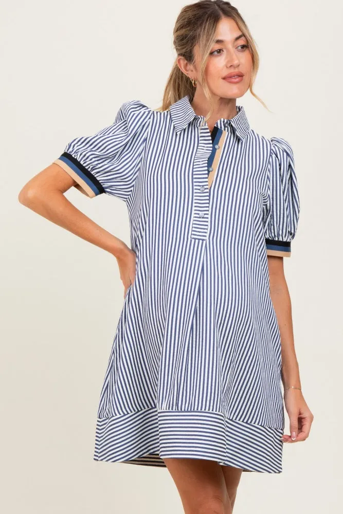 Navy Blue Striped Puff Sleeve Maternity Mini Shirt Dress sold by Pinkblush product image thumbnail 2