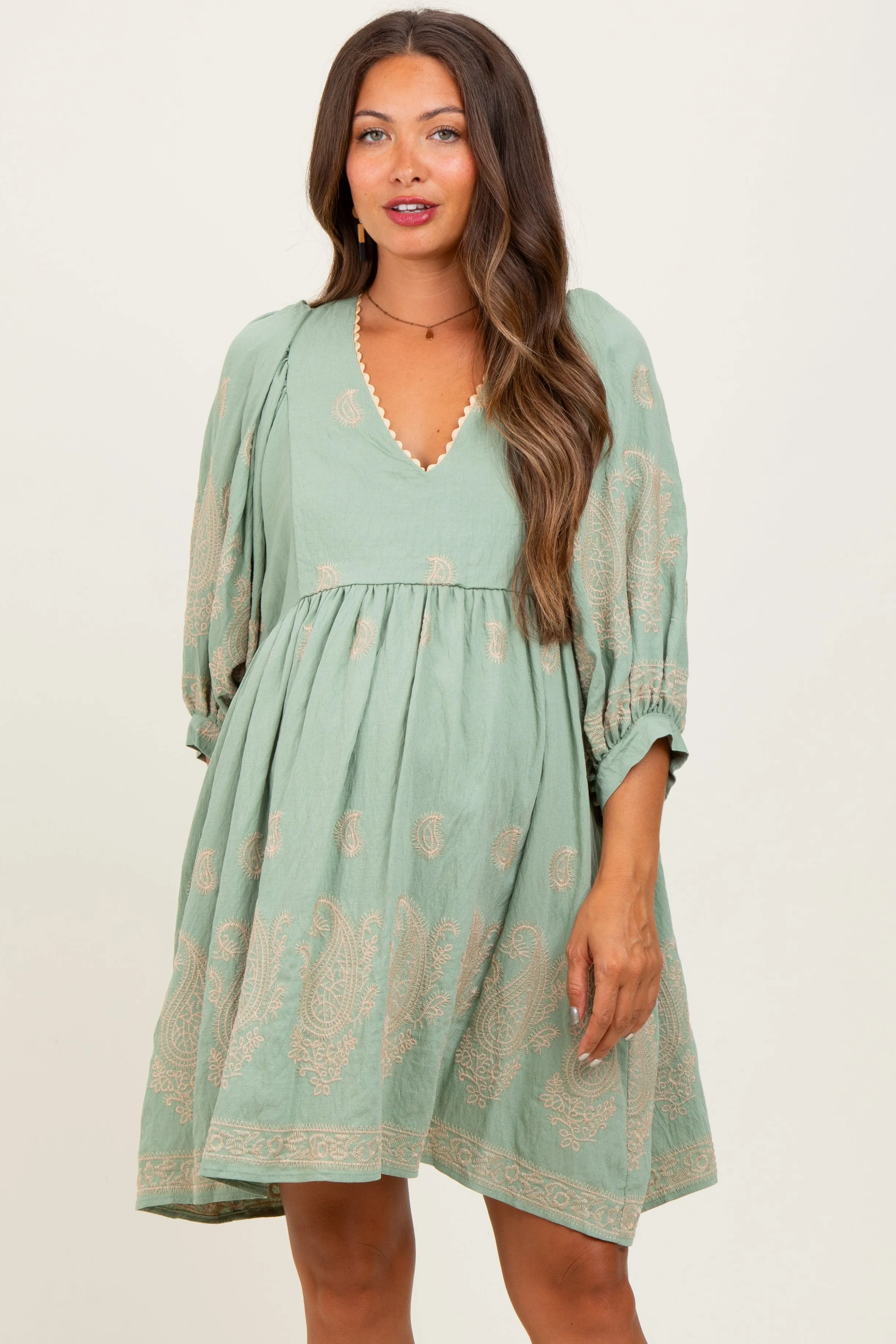 Light Olive Paisley Embroidered Bubble Sleeve Maternity Dress sold by Pinkblush product image thumbnail 2