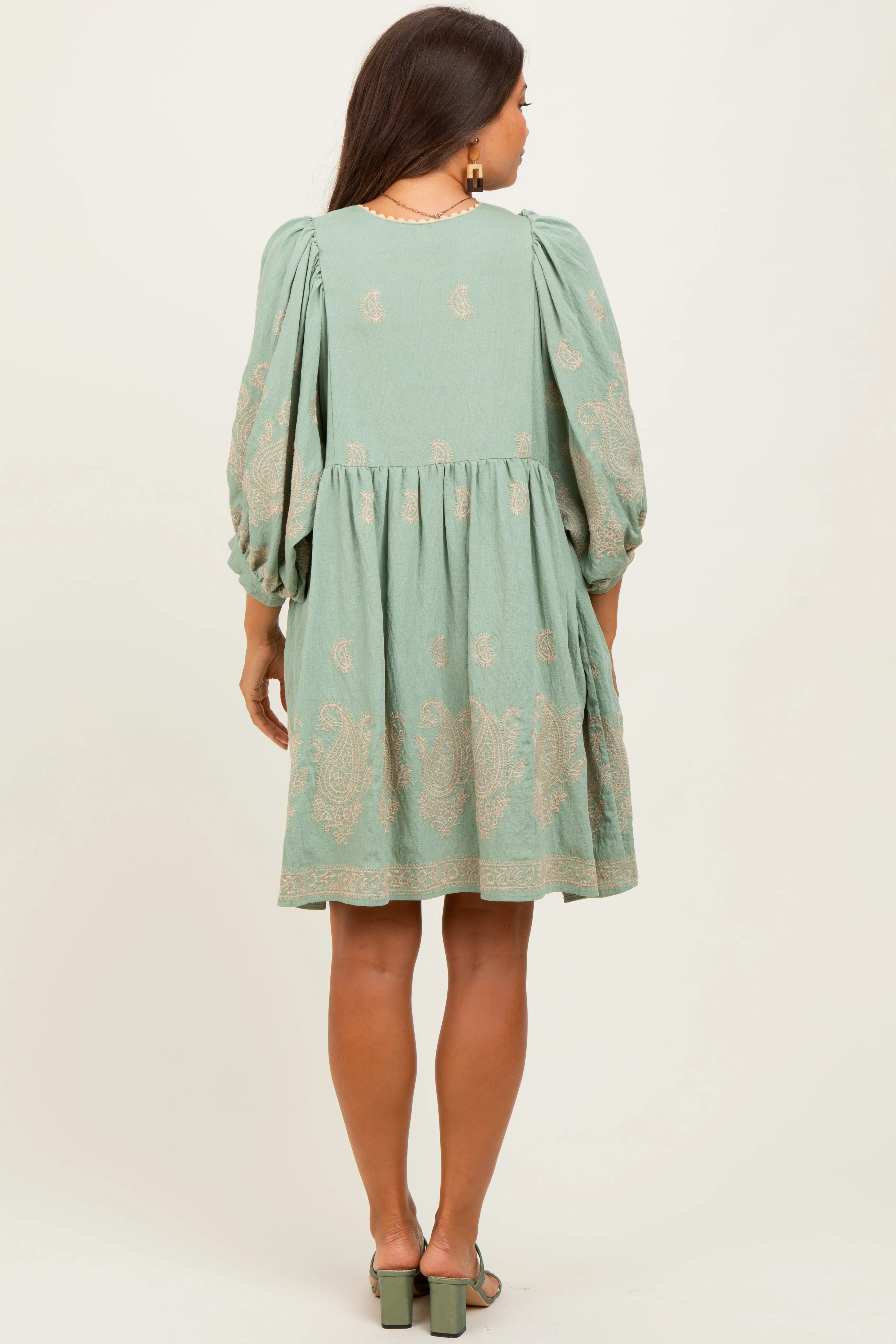 Light Olive Paisley Embroidered Bubble Sleeve Maternity Dress sold by Pinkblush product image thumbnail 3