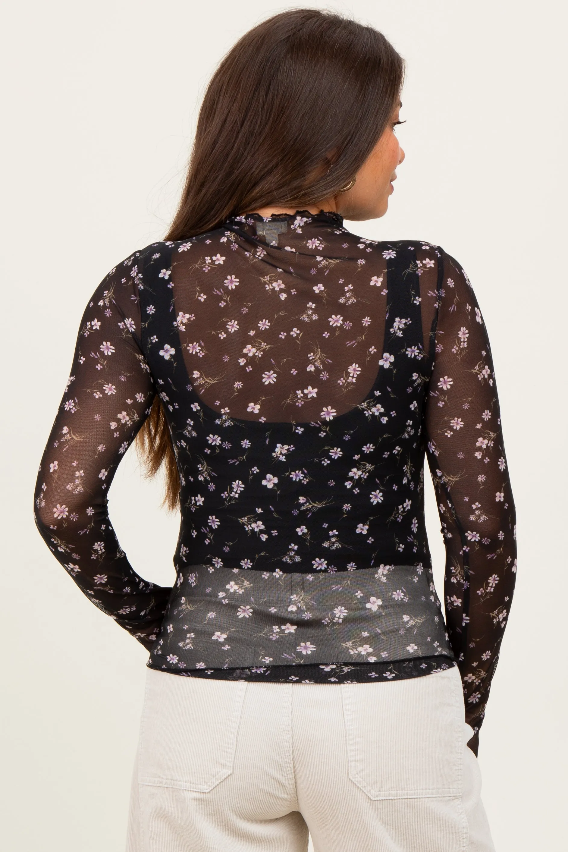 Black Floral Mock Neck Sheer Mesh Maternity Long Sleeve Top sold by Pinkblush product image thumbnail 4