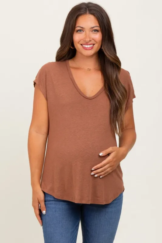 Dark Camel V-Neck Maternity Top sold by Pinkblush