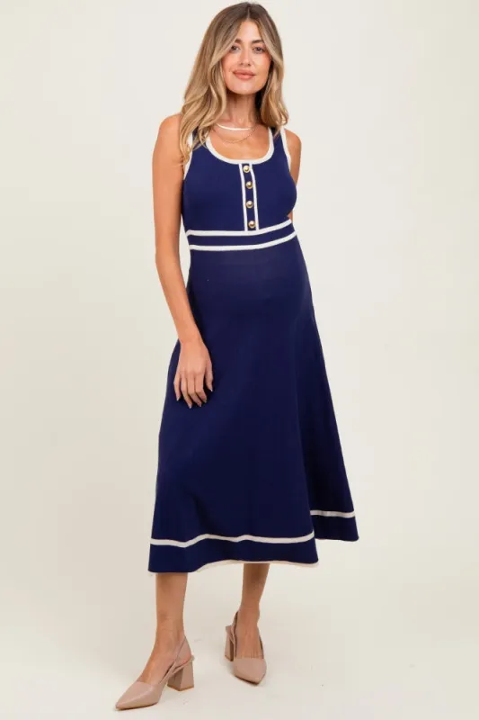 Navy Ribbed Knit Button Accent Sleeveless Maternity Midi Dress sold by Pinkblush