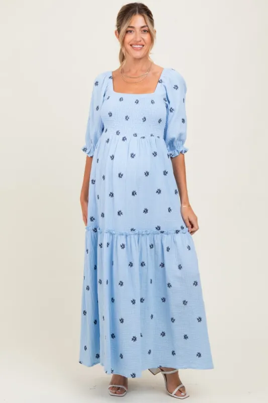 Light Blue Floral Smocked Puff Sleeve Maternity Maxi Dress sold by Pinkblush