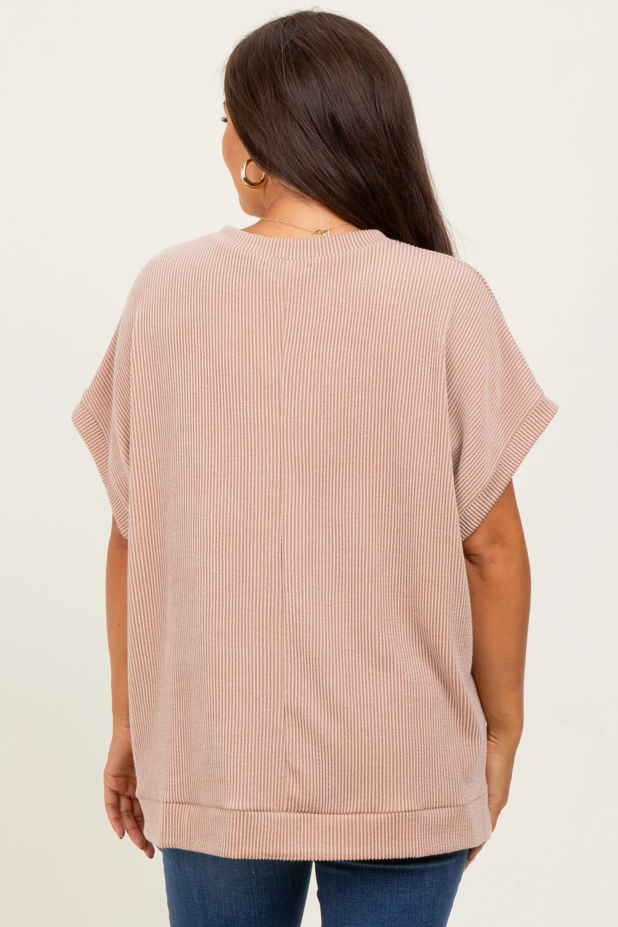 Mocha Solid Ribbed Short Sleeve Oversized Maternity Tunic Top sold by Pinkblush product image thumbnail 4