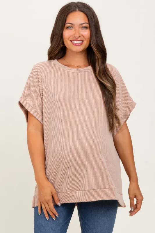 Mocha Solid Ribbed Short Sleeve Oversized Maternity Tunic Top sold by Pinkblush