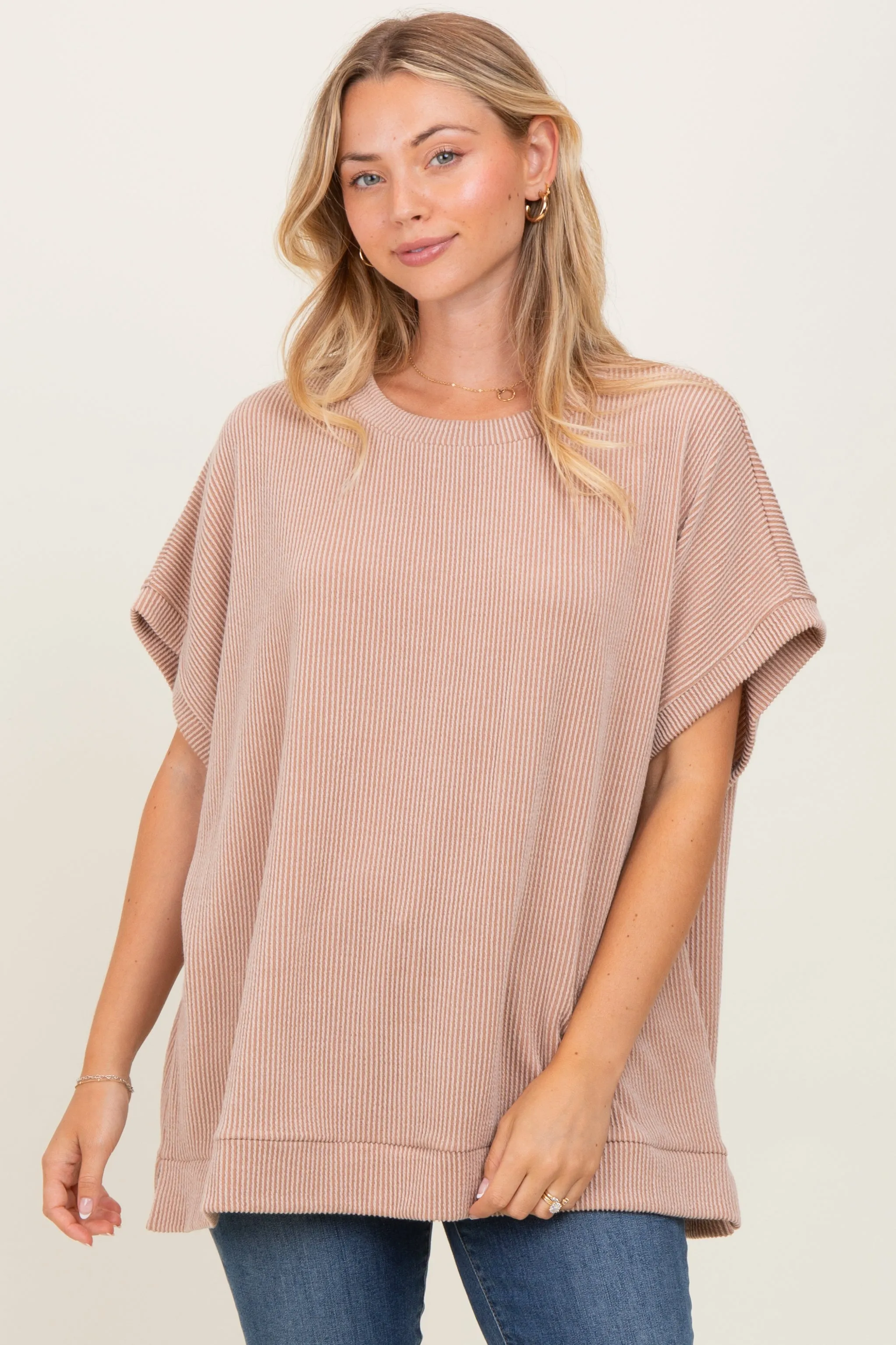 Mocha Solid Ribbed Short Sleeve Oversized Maternity Tunic Top sold by Pinkblush product image thumbnail 5