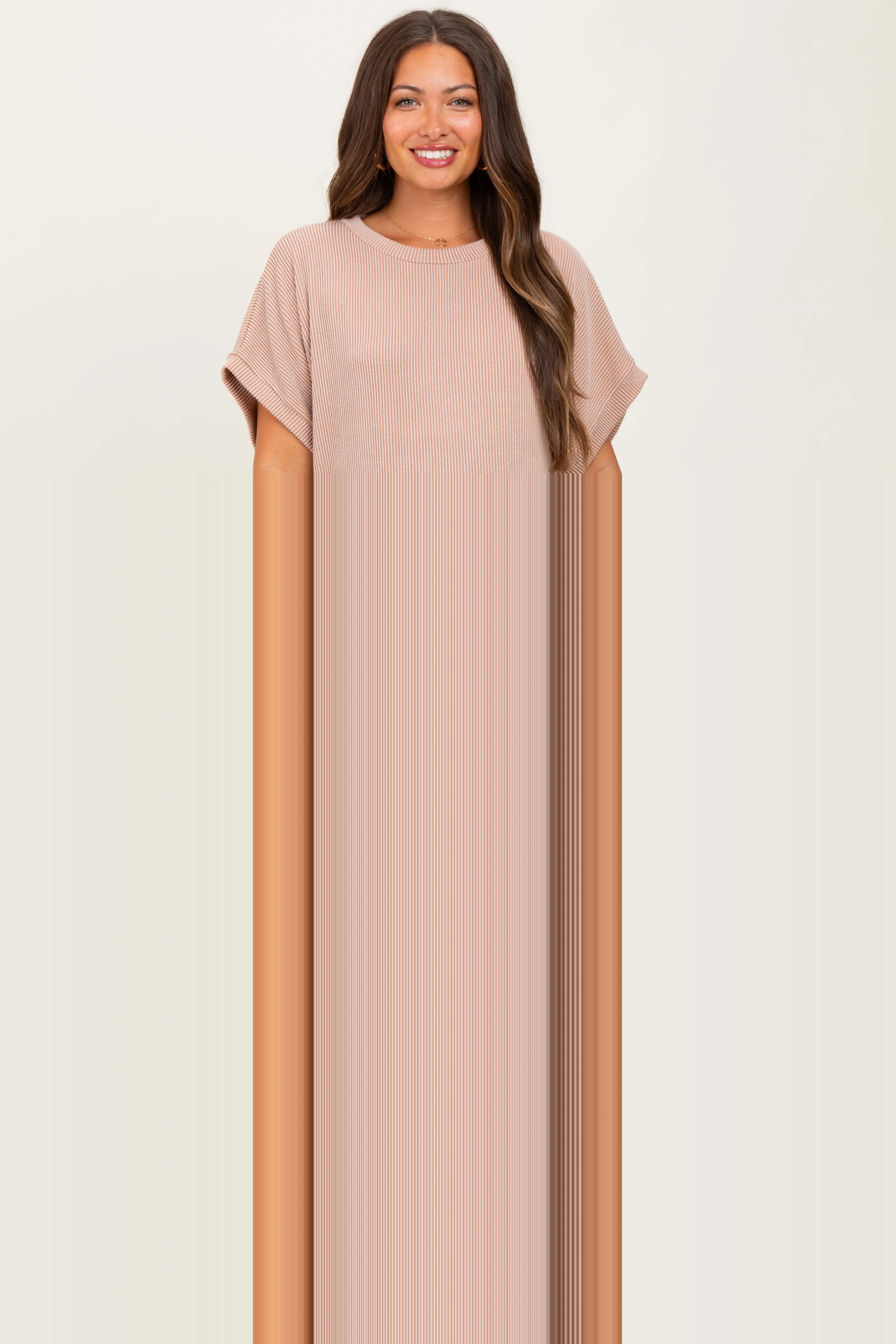 Mocha Solid Ribbed Short Sleeve Oversized Maternity Tunic Top sold by Pinkblush product image thumbnail 2