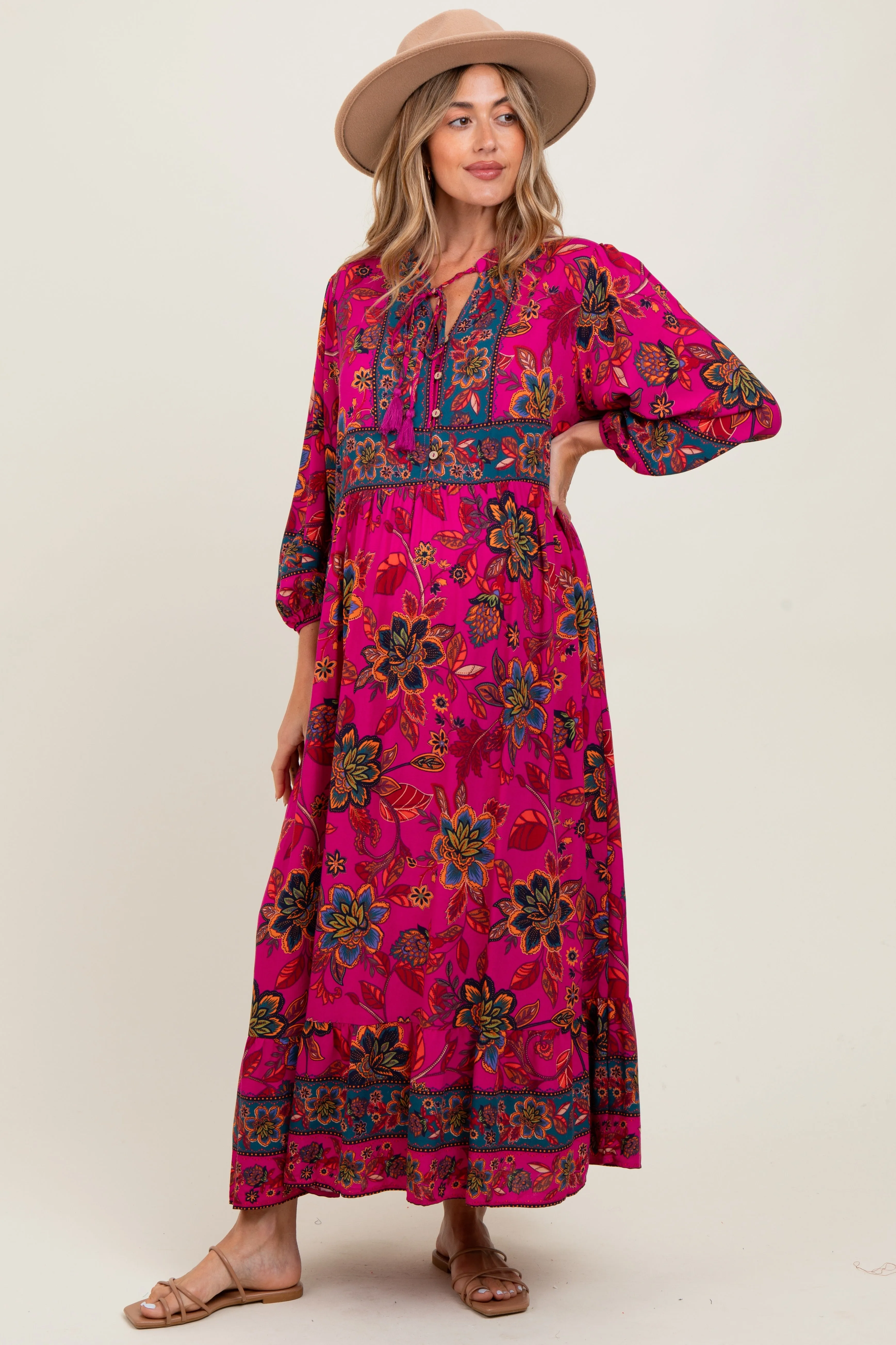 Magenta Floral Tassel Tie Long Sleeve Maternity Maxi Dress sold by Pinkblush
