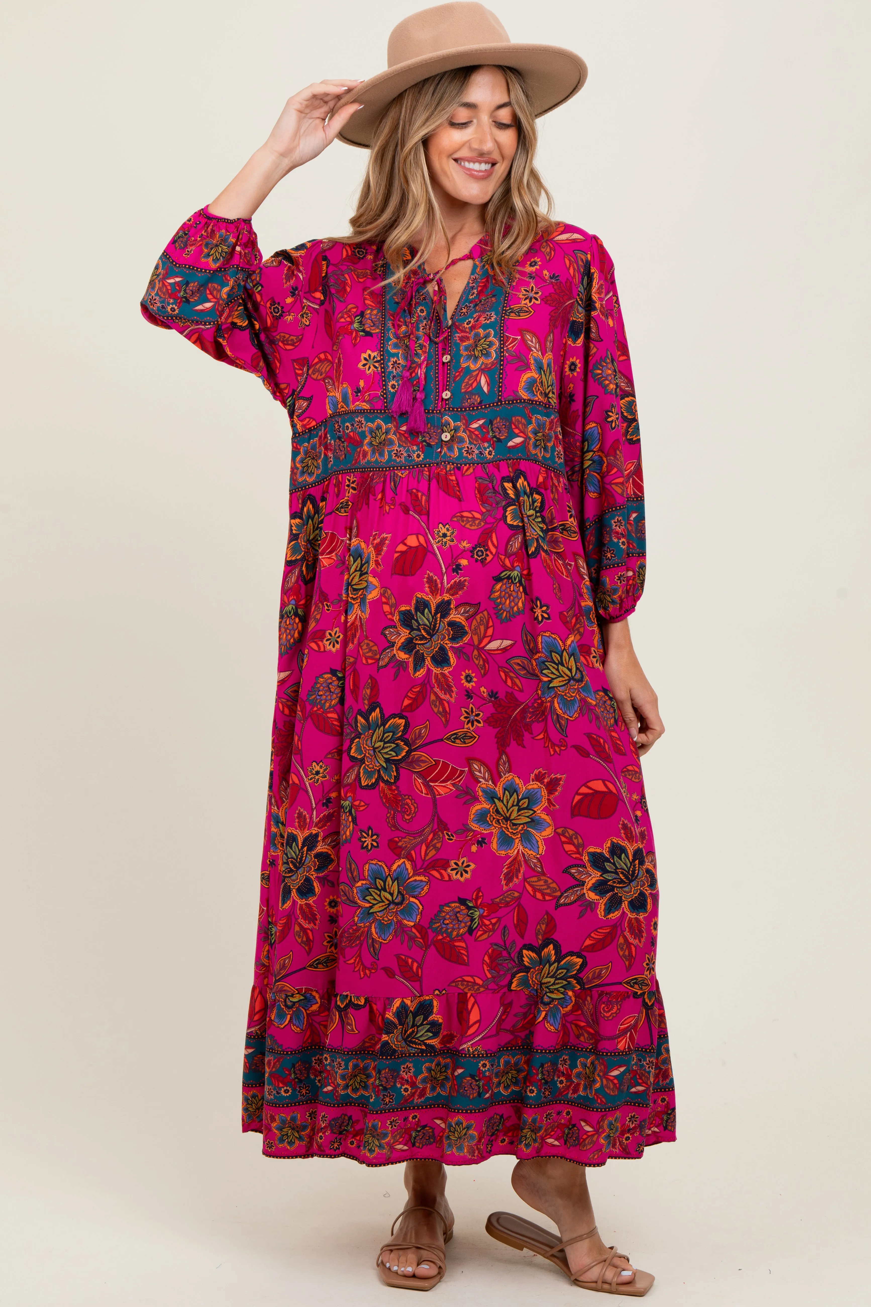Magenta Floral Tassel Tie Long Sleeve Maternity Maxi Dress sold by Pinkblush product image thumbnail 2