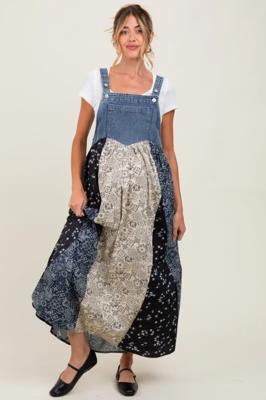 Blue Floral Colorblock Print Denim Contrast Maternity Dress sold by Pinkblush