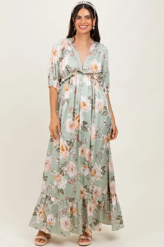 Sage Floral Print Elbow Sleeve V-Neck Tiered Maxi Dress sold by Pinkblush