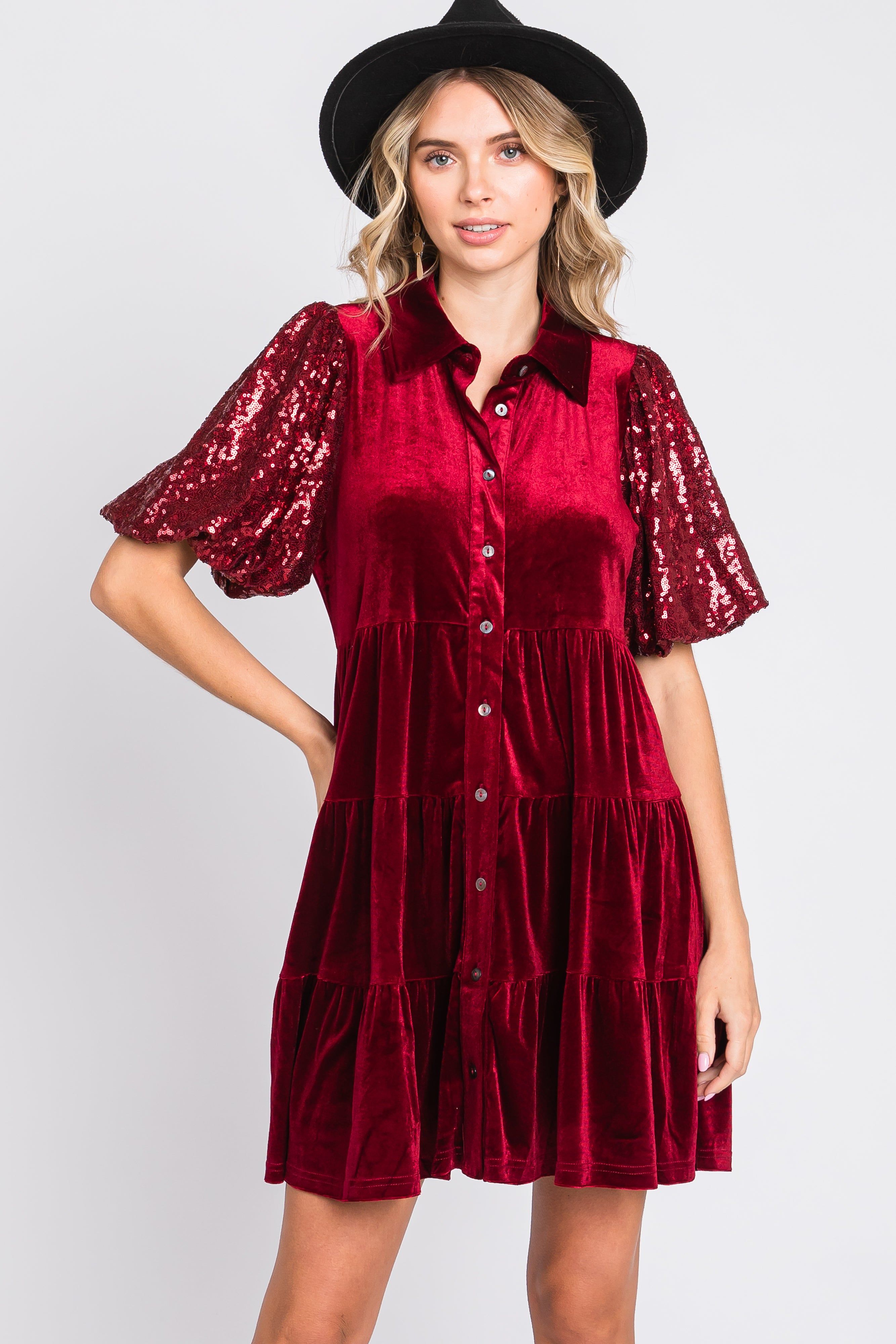 Burgundy Velvet Tiered Sequin Short Sleeve Dress sold by Pinkblush product image thumbnail 4
