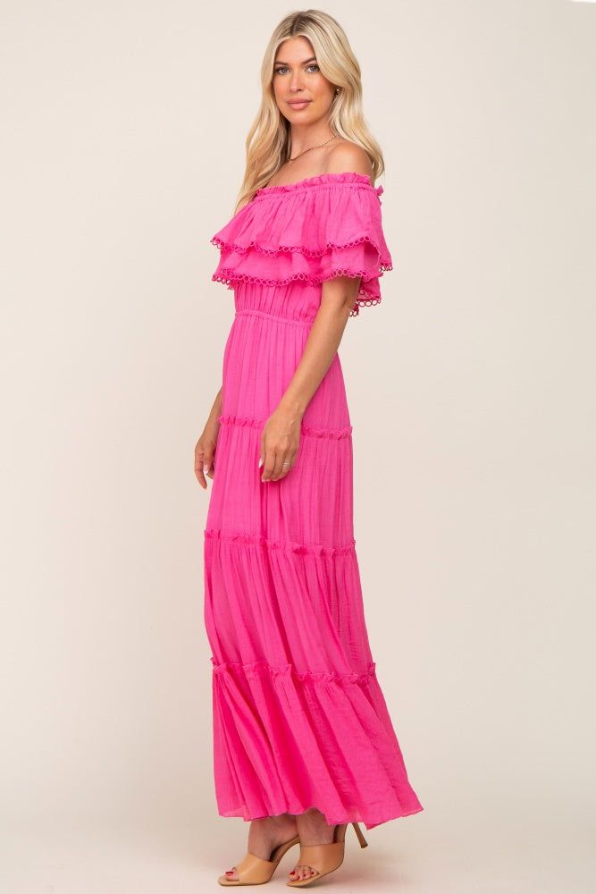 Pink Off Shoulder Eyelet Tiered Maternity Maxi Dress sold by Pinkblush product image thumbnail 2