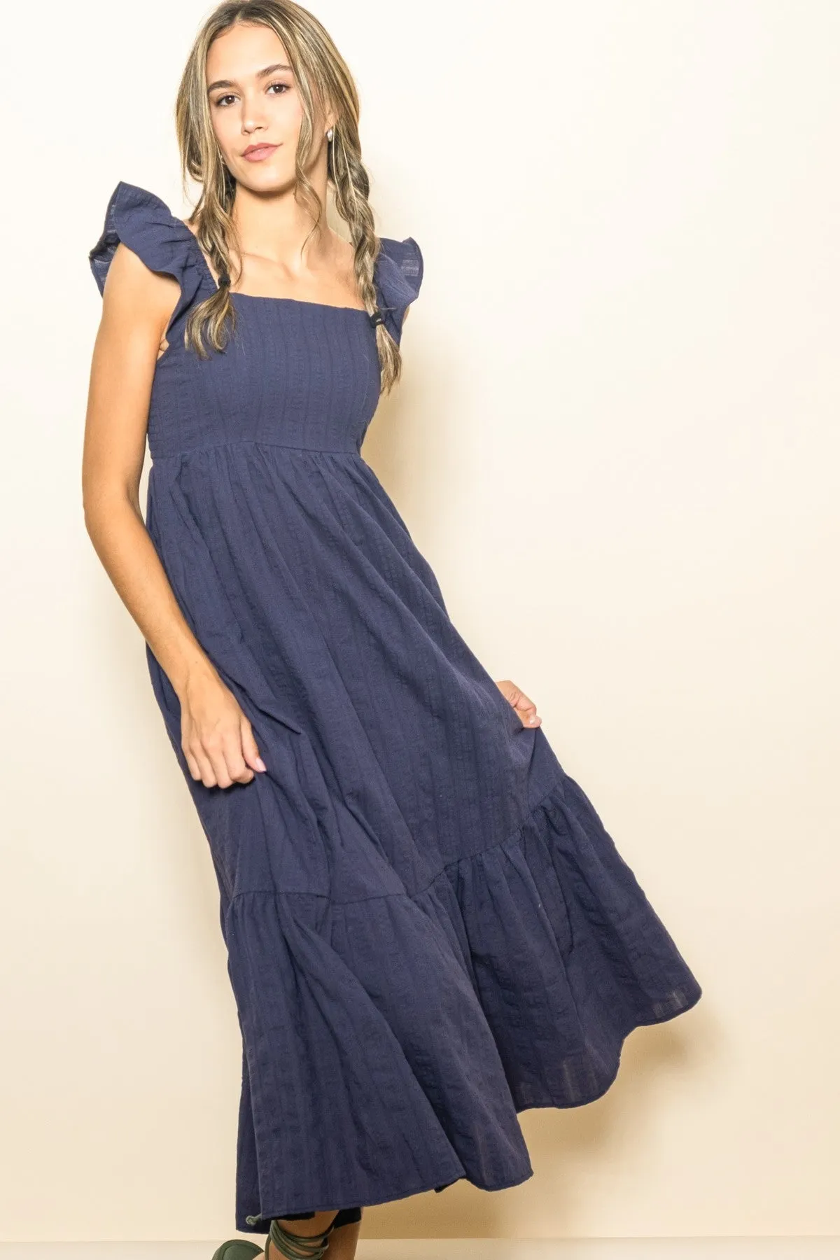 Navy Blue Textured Cotton Ruffle Strap Midi Dress sold by Pinkblush