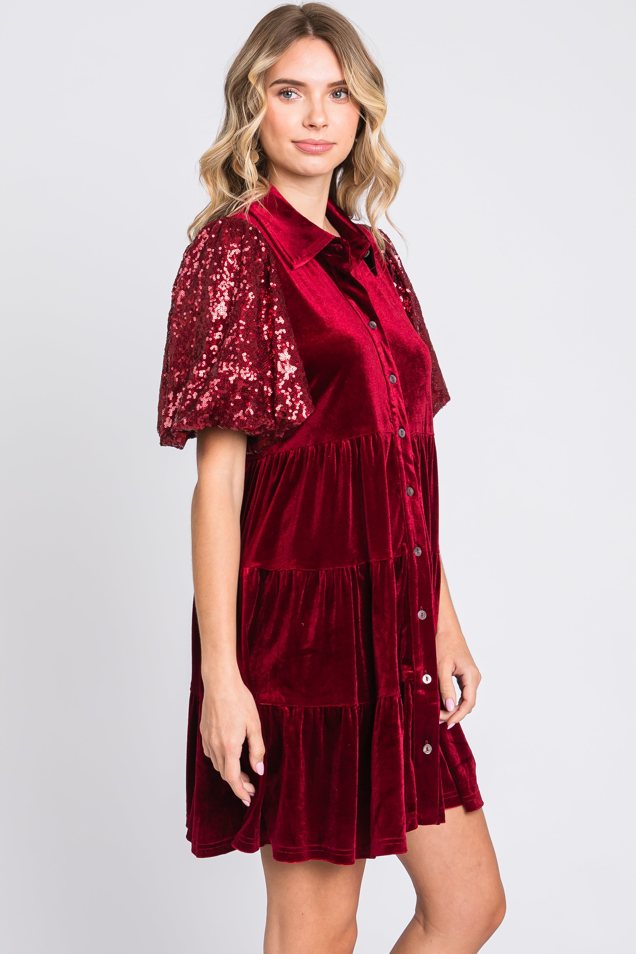 Burgundy Velvet Tiered Sequin Short Sleeve Dress sold by Pinkblush product image thumbnail 2