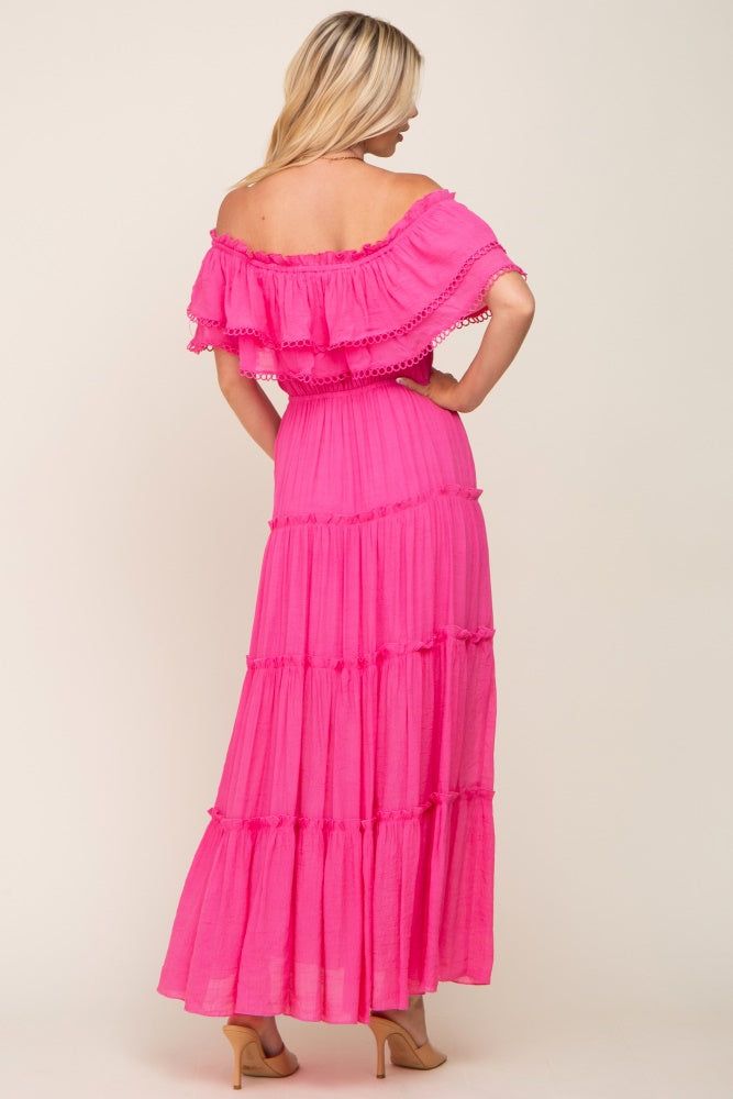 Pink Off Shoulder Eyelet Tiered Maternity Maxi Dress sold by Pinkblush product image thumbnail 3