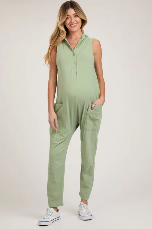 Light Olive Hooded Button Up Maternity Jumpsuit sold by Pinkblush