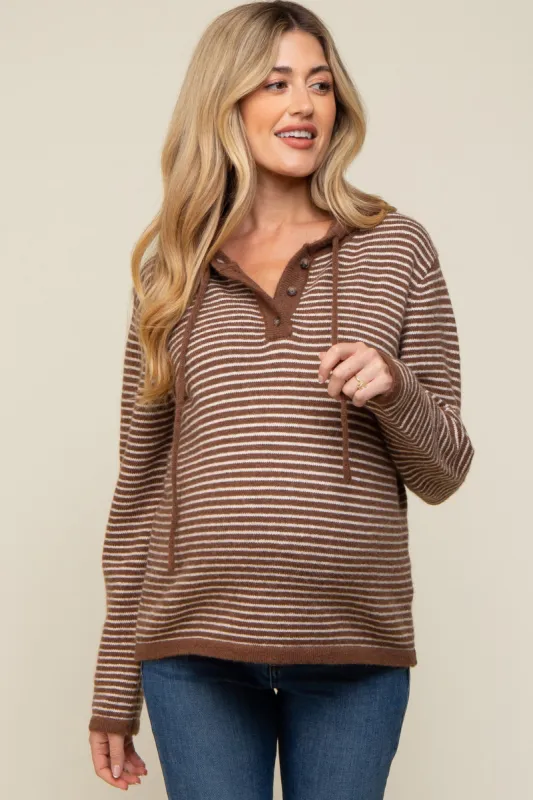 Mocha Striped Drawstring Hooded Maternity Sweater sold by Pinkblush