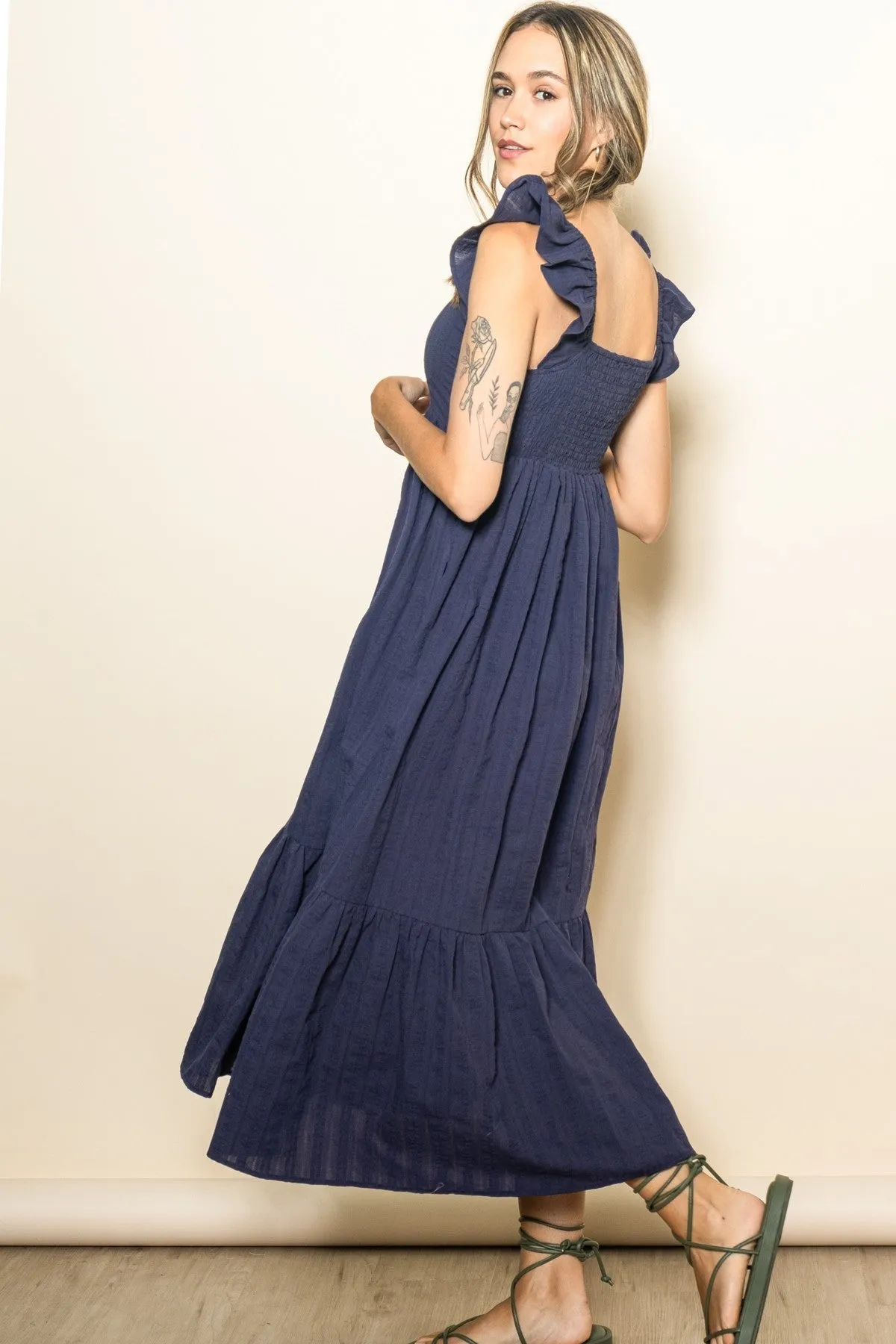 Navy Blue Textured Cotton Ruffle Strap Midi Dress sold by Pinkblush product image thumbnail 2