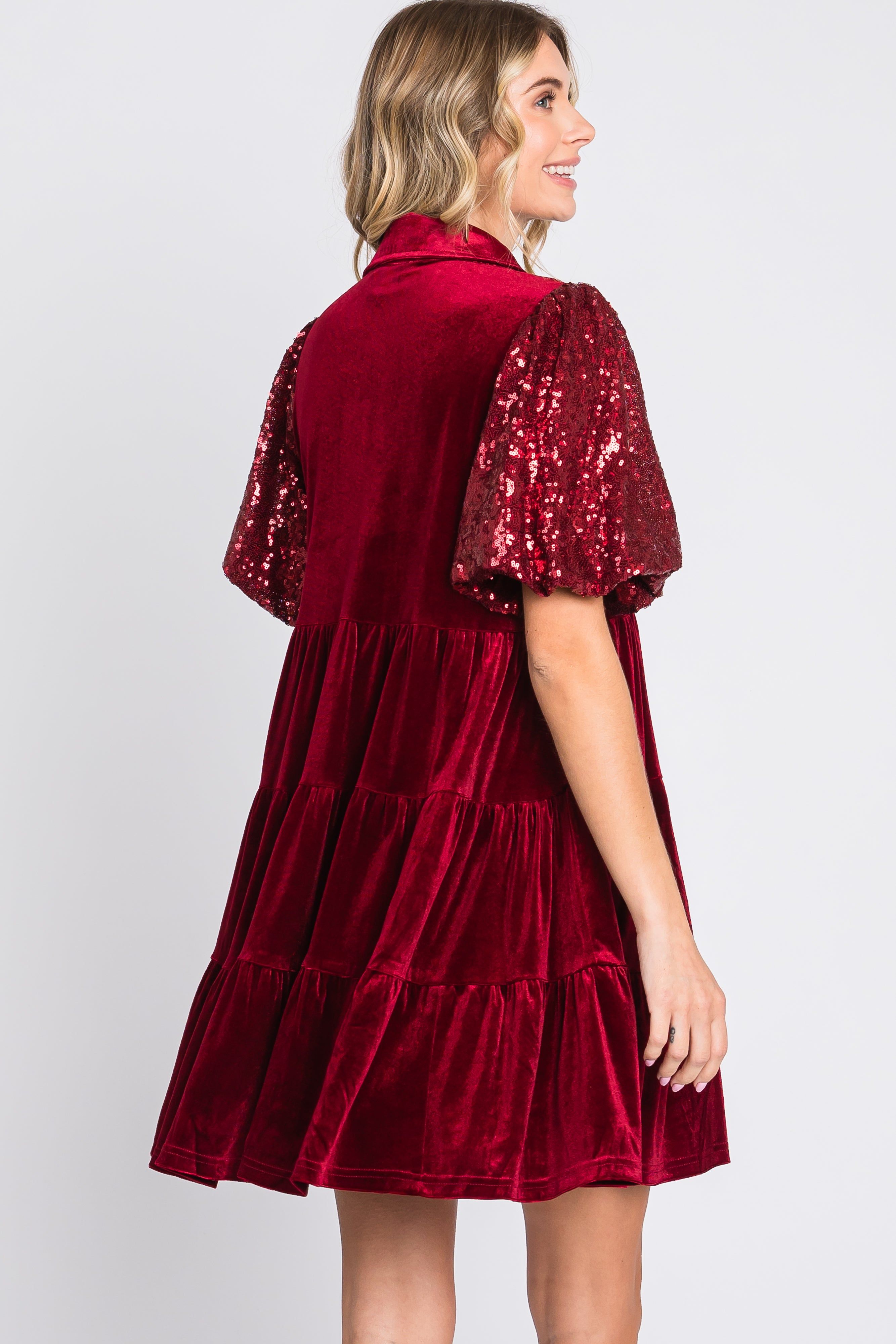 Burgundy Velvet Tiered Sequin Short Sleeve Dress sold by Pinkblush product image thumbnail 3