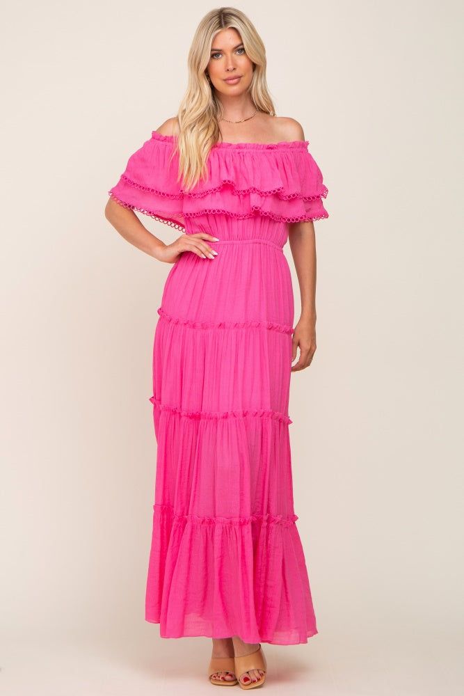 Pink Off Shoulder Eyelet Tiered Maternity Maxi Dress sold by Pinkblush product image thumbnail 4