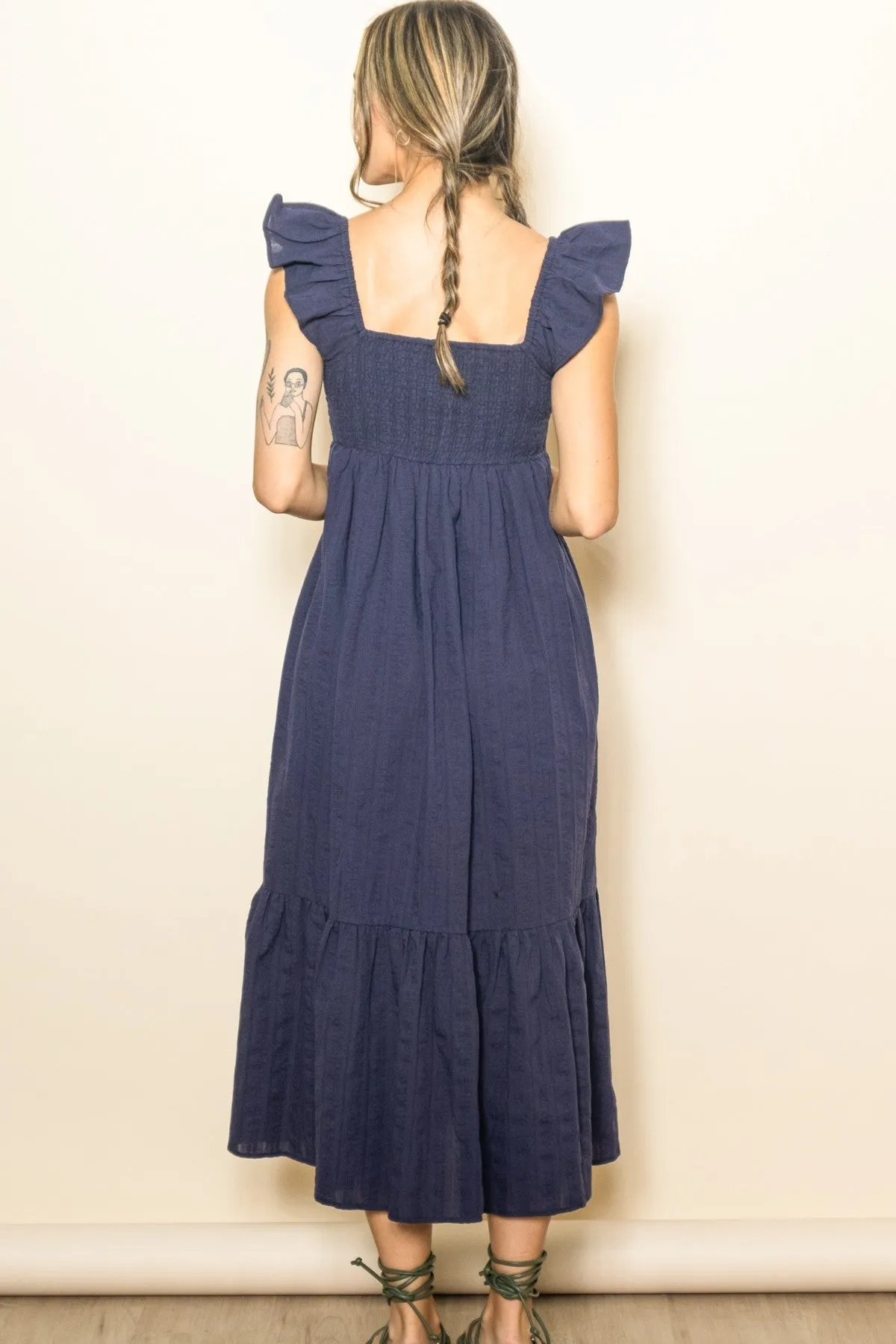 Navy Blue Textured Cotton Ruffle Strap Midi Dress sold by Pinkblush product image thumbnail 3