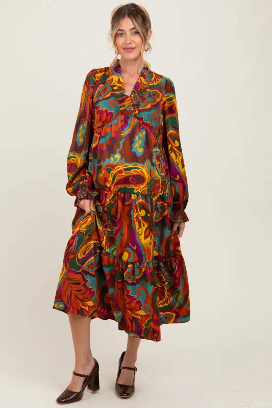 Brown Paisley V-Neck Long Sleeve Tiered Maternity Maxi Dress sold by Pinkblush