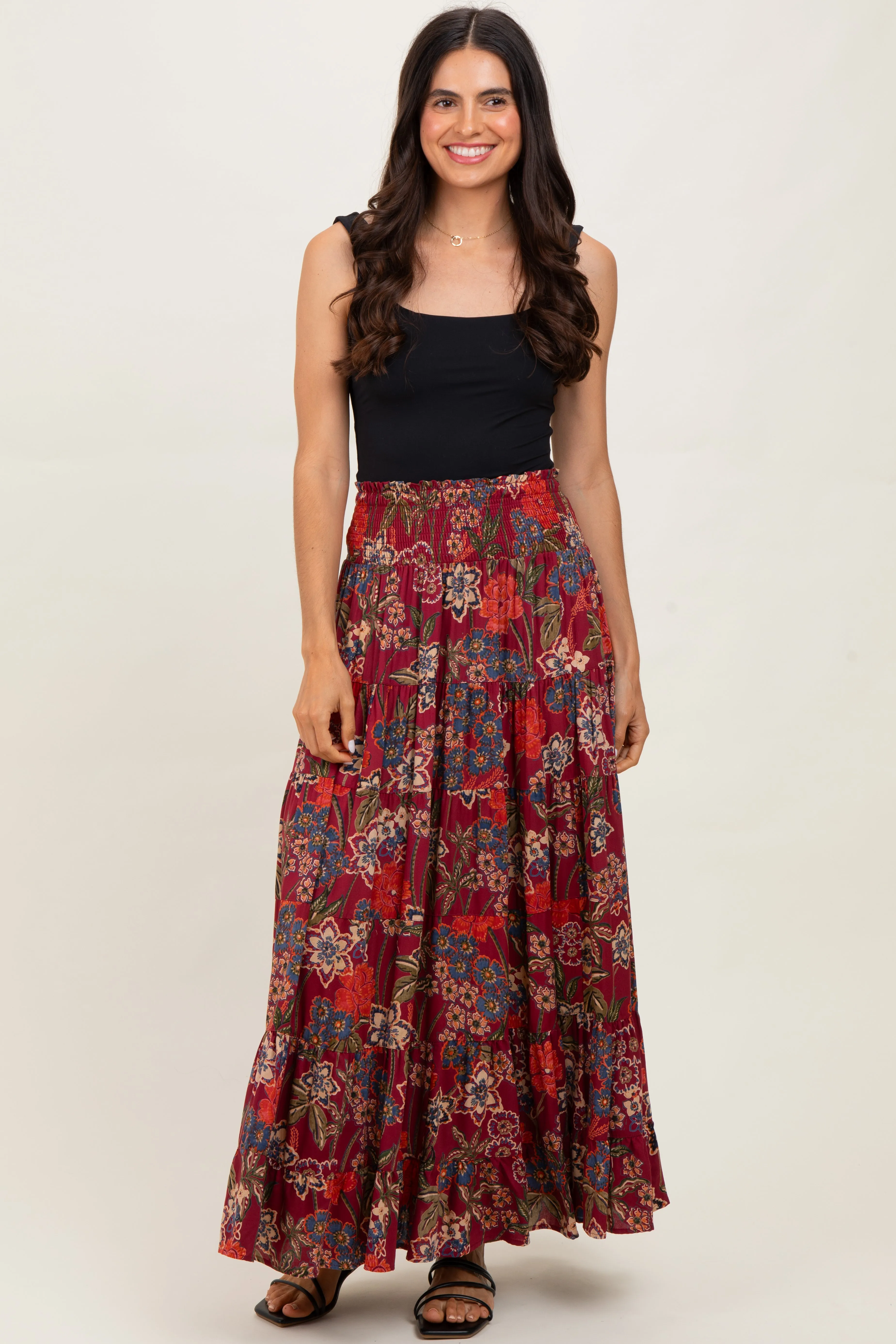 Burgundy Floral Smocked Waist Tiered Maxi Skirt sold by Pinkblush product image thumbnail 2