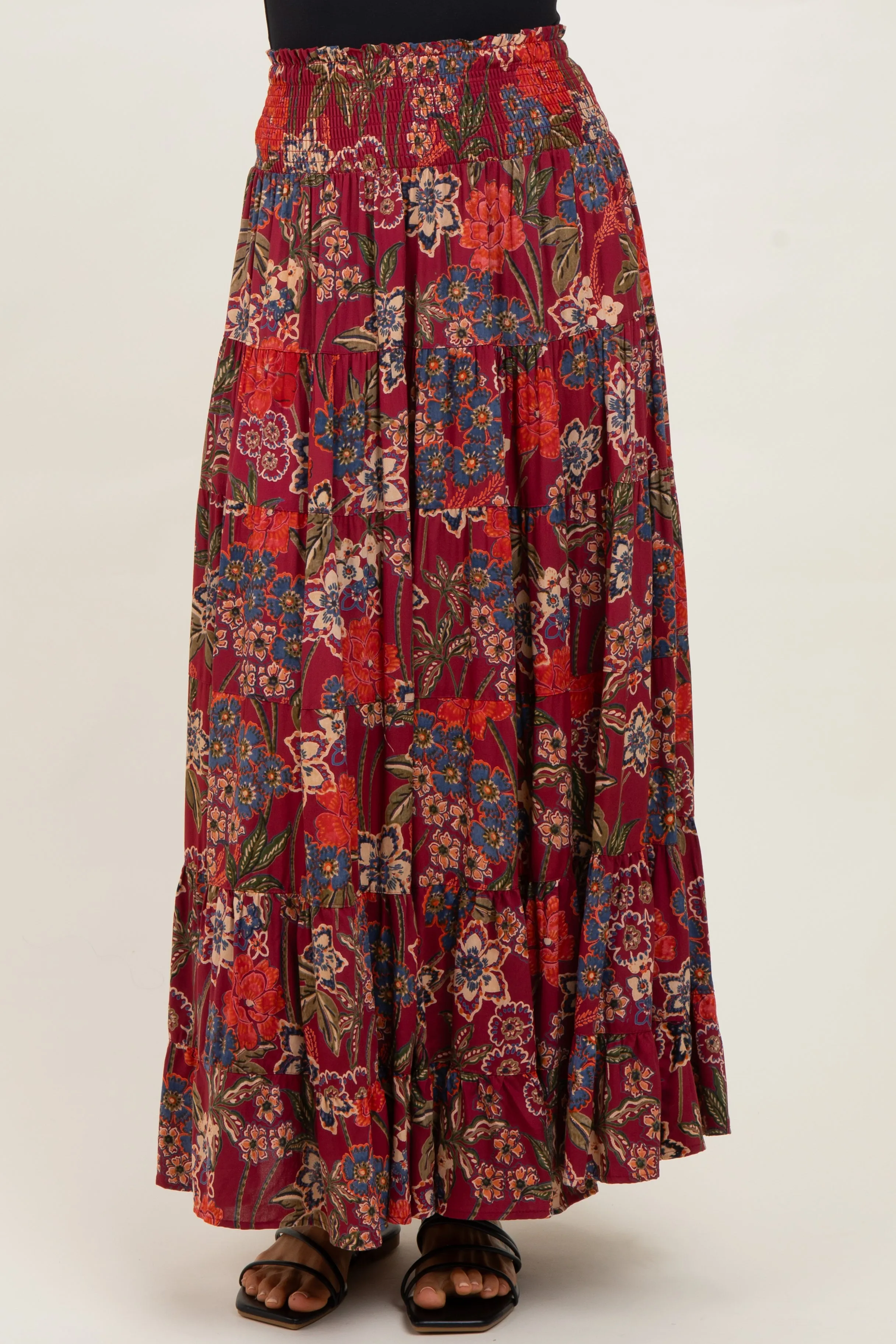 Burgundy Floral Smocked Waist Tiered Maxi Skirt sold by Pinkblush product image thumbnail 3