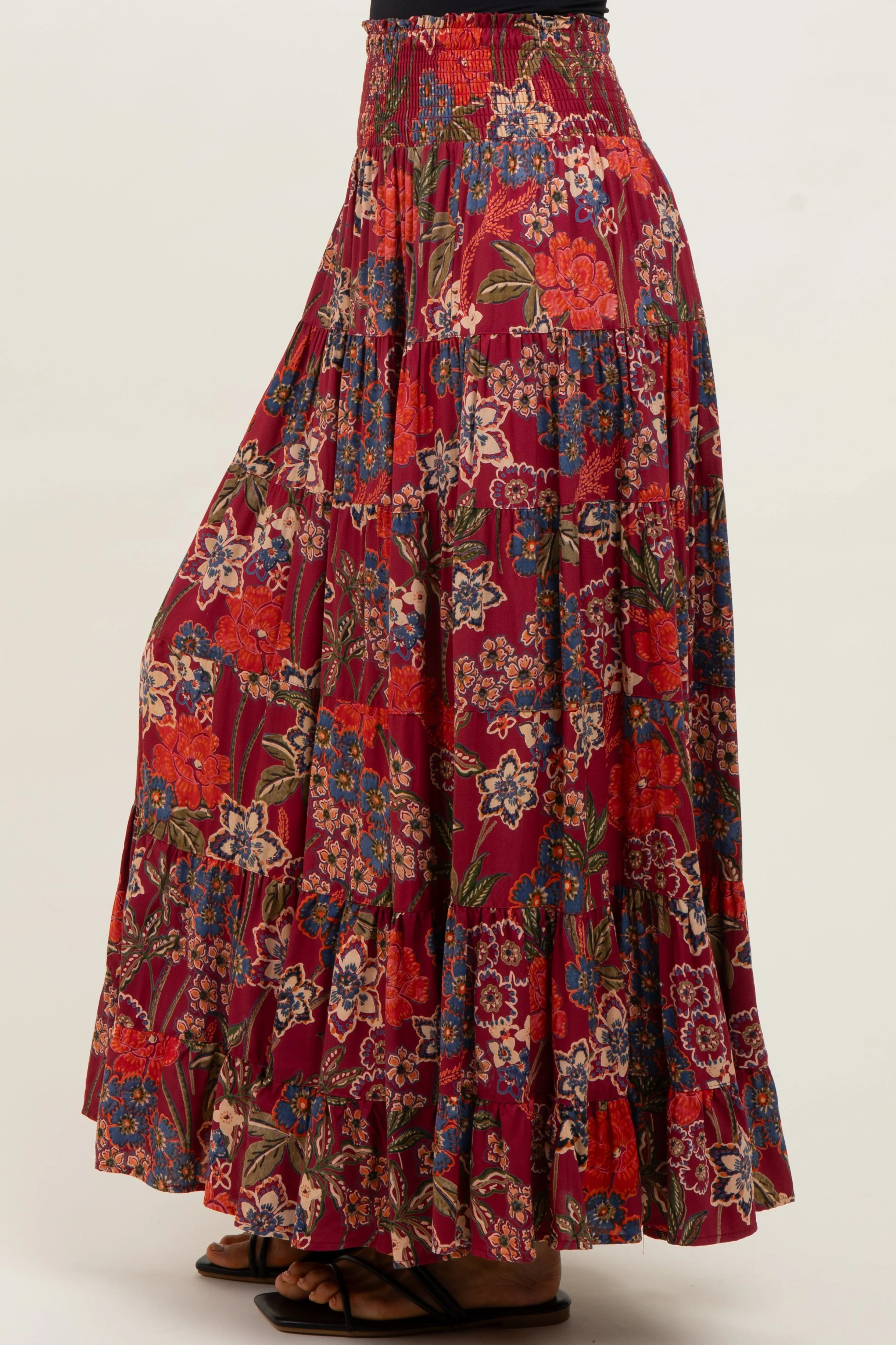 Burgundy Floral Smocked Waist Tiered Maxi Skirt sold by Pinkblush product image thumbnail 4