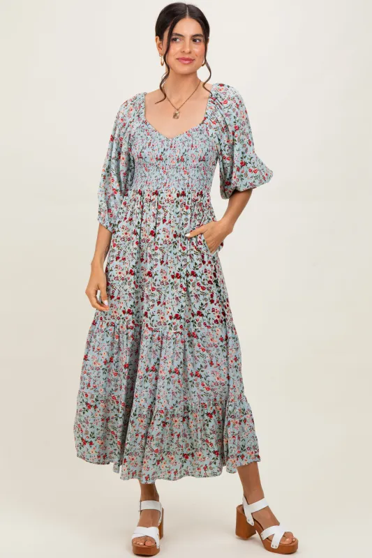 Light Blue Floral Smocked Sweetheart Neckline Midi Dress sold by Pinkblush
