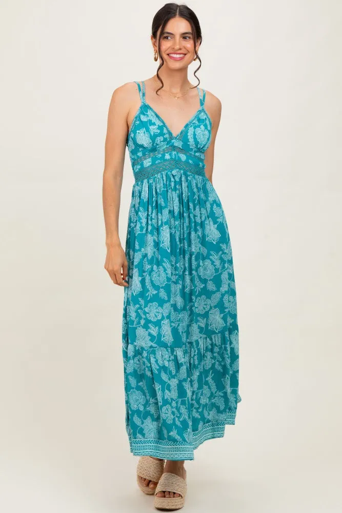 Teal Floral V-Neck Lace Trim Maxi Dress sold by Pinkblush product image thumbnail 2