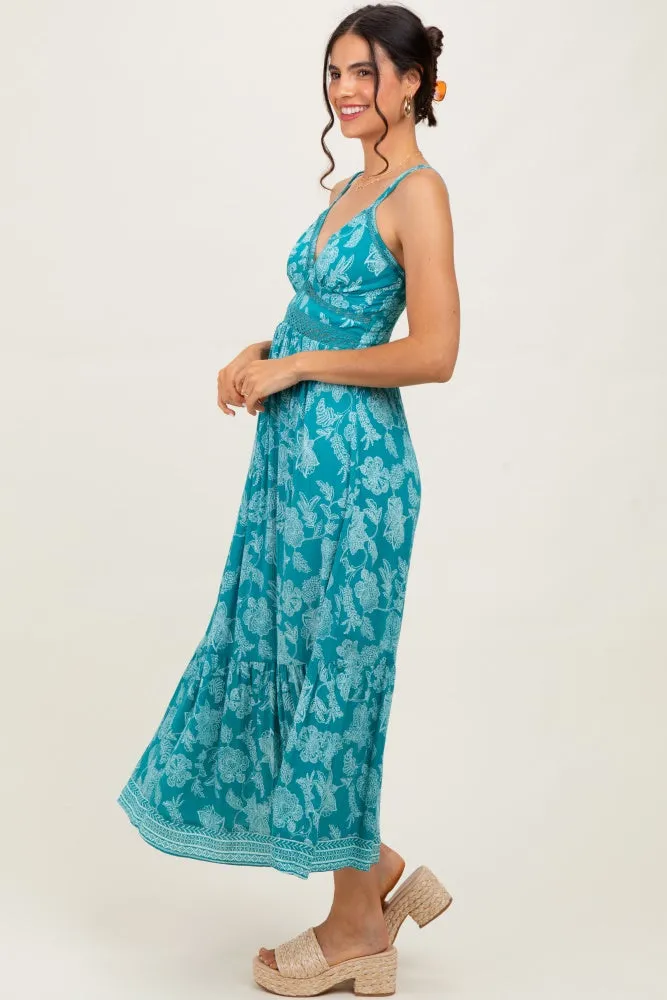 Teal Floral V-Neck Lace Trim Maxi Dress sold by Pinkblush product image thumbnail 3