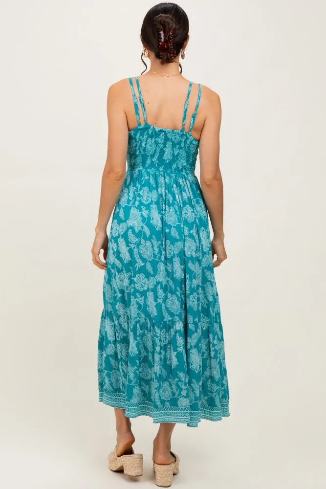 Teal Floral V-Neck Lace Trim Maxi Dress sold by Pinkblush product image thumbnail 4
