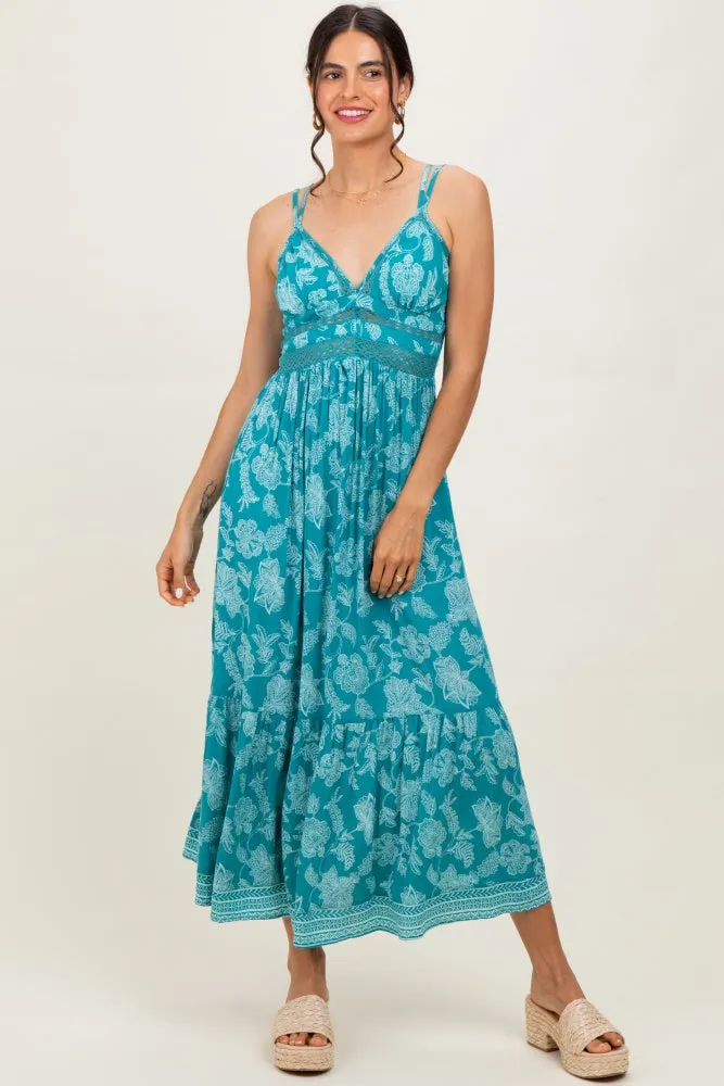 Teal Floral V-Neck Lace Trim Maxi Dress sold by Pinkblush
