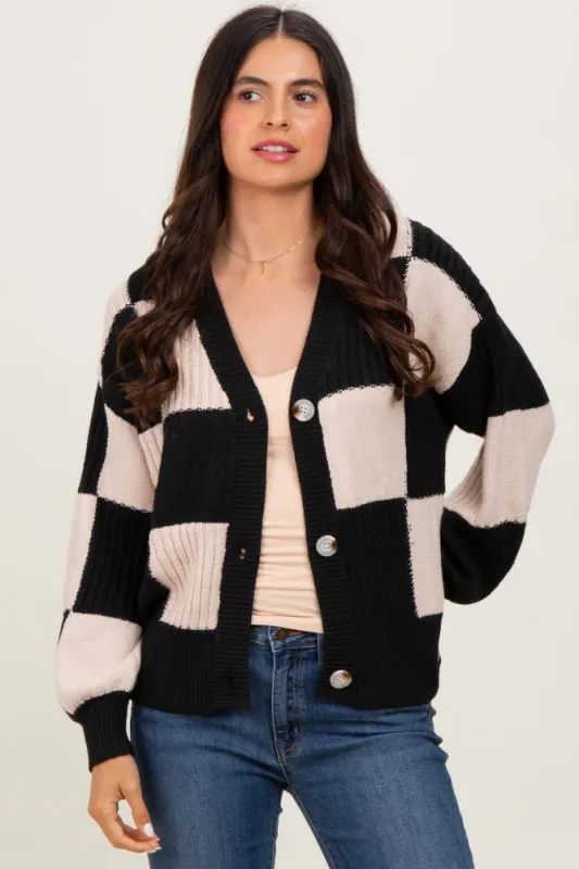 Black Checkered Rib Bubble Sleeve Button Cardigan sold by Pinkblush