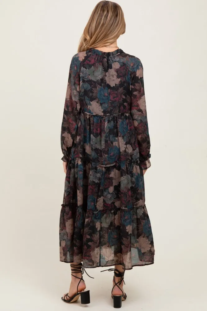 Black Floral Chiffon Ruffle Tiered Maternity Midi Dress sold by Pinkblush product image thumbnail 5