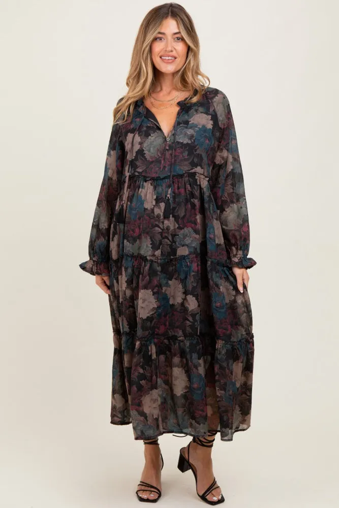 Black Floral Chiffon Ruffle Tiered Maternity Midi Dress sold by Pinkblush product image thumbnail 2