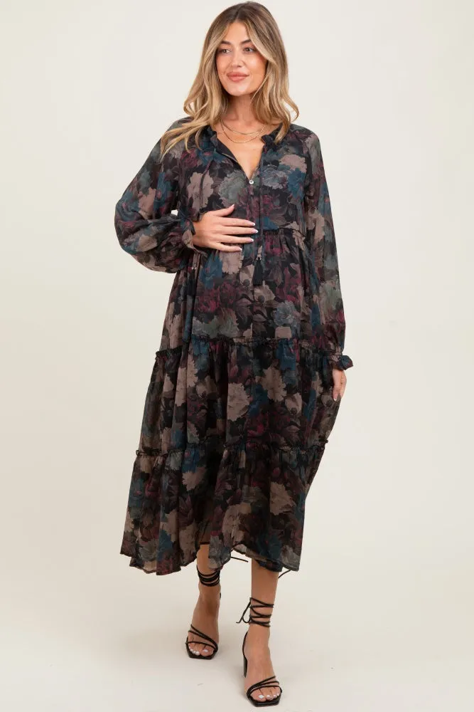 Black Floral Chiffon Ruffle Tiered Maternity Midi Dress sold by Pinkblush product image thumbnail 3